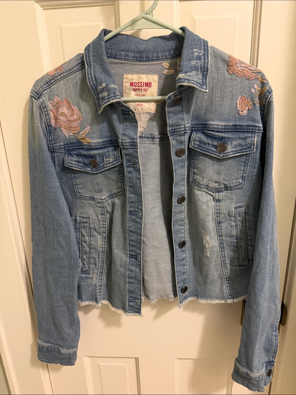 Massimo Light Blue Denim Jacket with Pink Rose Embroidery